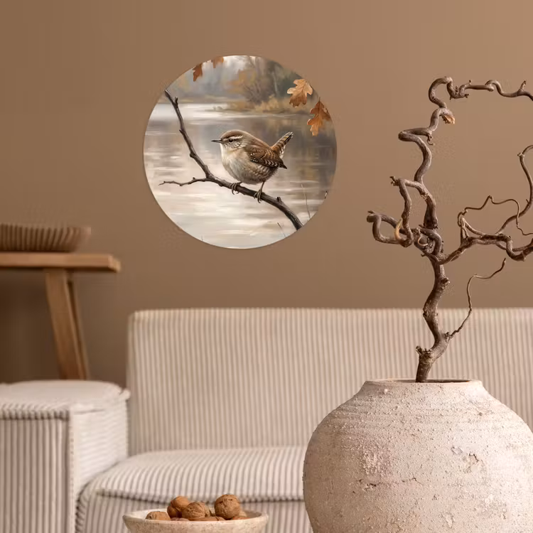 Winterkoninkje - Tak - Rivier - Natuur - Sfeervol Wandcirkel behangsticker klein -sfeer1