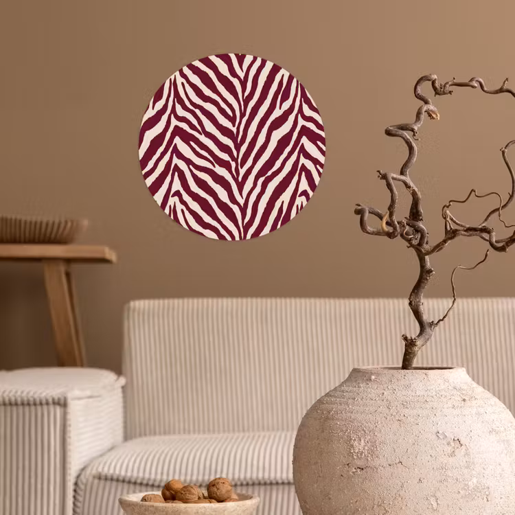 Zebra - Motief - Bordeaux - Rood Wandcirkel behangsticker klein 186 -sfeer1