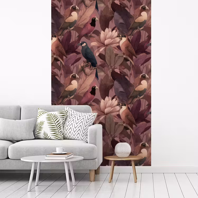 Vogels - Bladeren - Roze fotobehang vinyl groot 66 -woonkamer