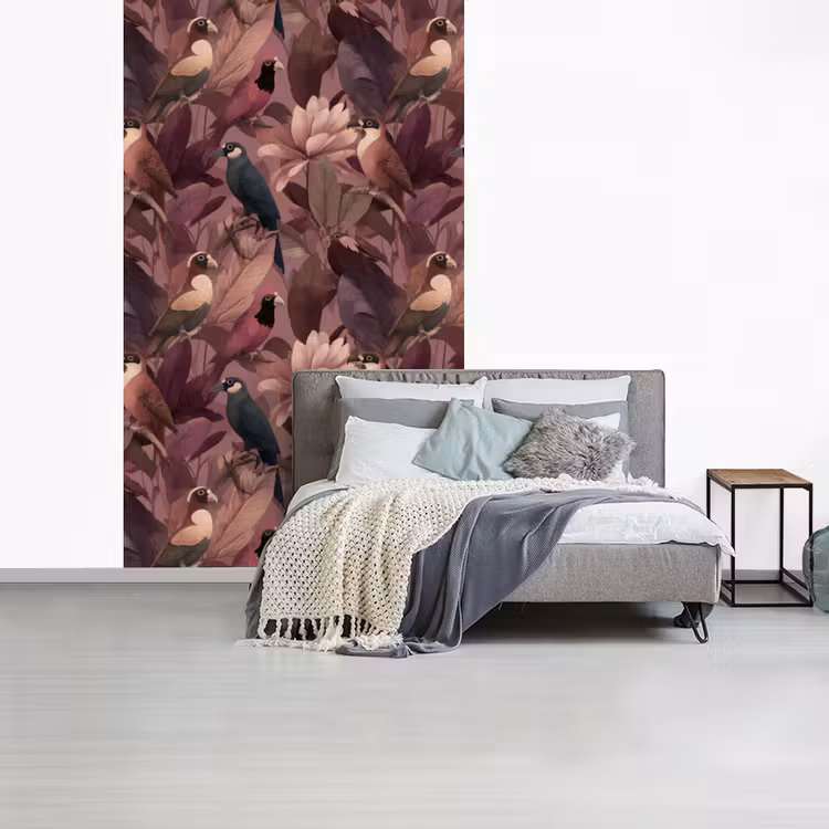 Vogels - Bladeren - Roze fotobehang vinyl groot 66 -slaapkamer