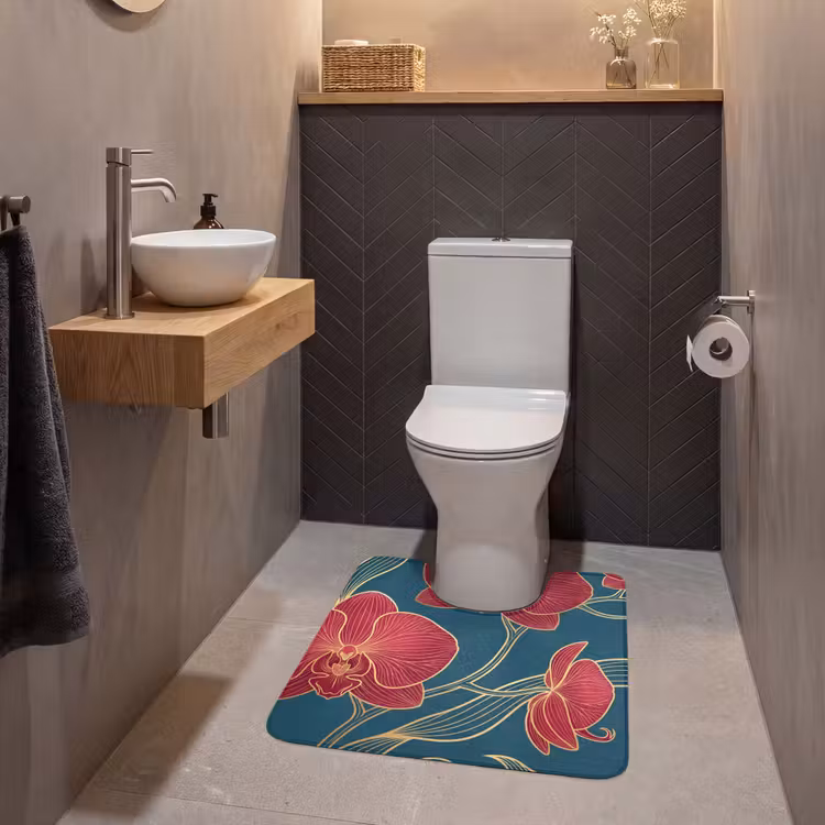 WC Mat - Flowers - Red - Gold - Bloemen - Rood - Goud WCmat U-uitsnede middel