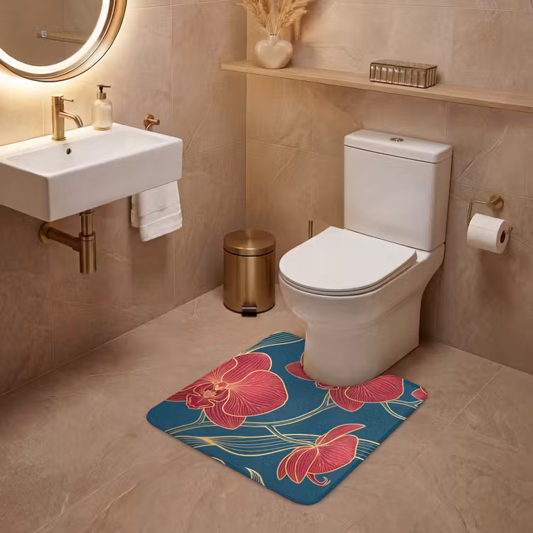 WC Mat - Flowers - Red - Gold - Bloemen - Rood - Goud WCmat U-uitsnede middel
