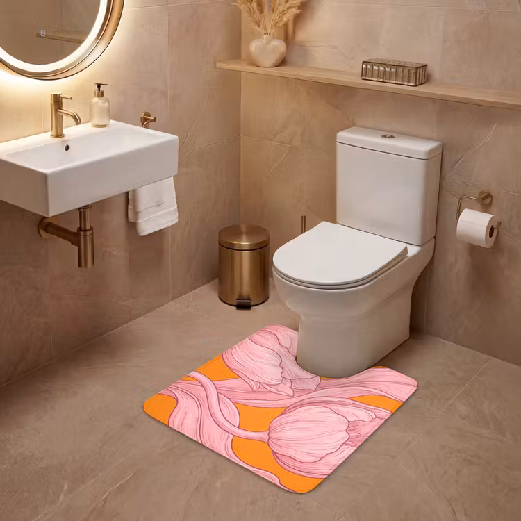 WC Mat - Pink Flowers - Modern - Roze bloemen - Modern WCmat U-uitsnede middel