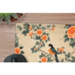 Vogel - Tak - Bloemen - Oranje muismat rubber klein -closeup