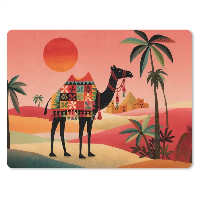 Kameel - Gekleurd tapijt - Duinen - Rode zon muismat rubber klein -3d