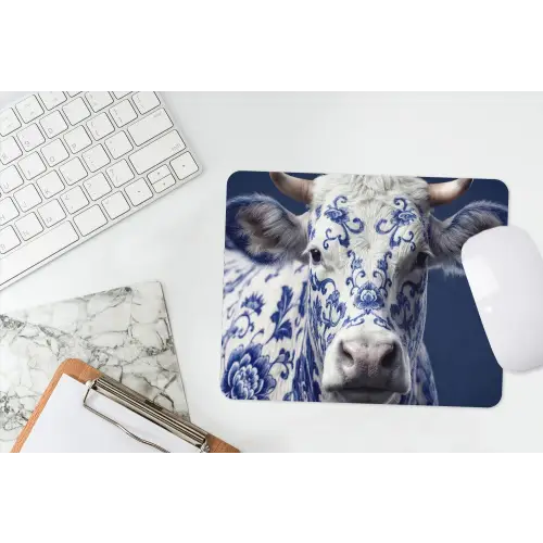 Koe - Delfts - Blauw - Artistiek muismat rubber klein -witbureau
