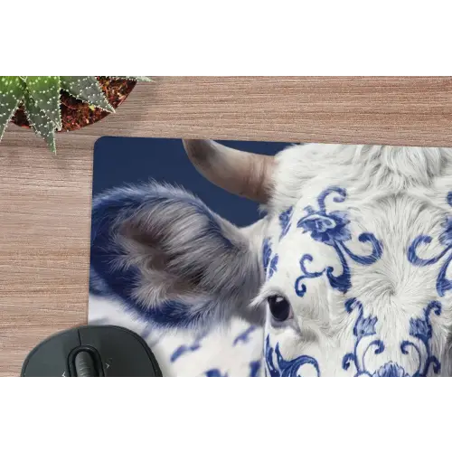 Koe - Delfts - Blauw - Artistiek muismat rubber klein -closeup