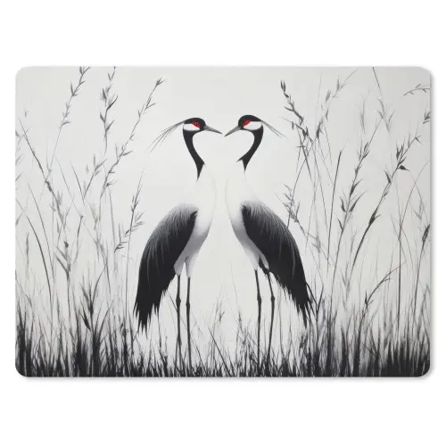 Kraanvogels - Gras - Hartvorm - Zwart muismat rubber klein -3d