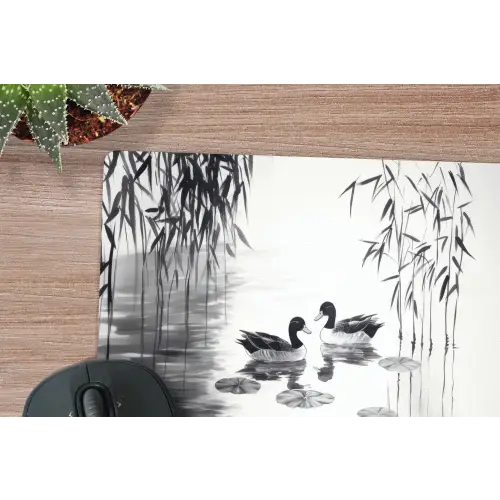 Eenden - Waterlelies - Riet - Zwart muismat rubber klein -closeup