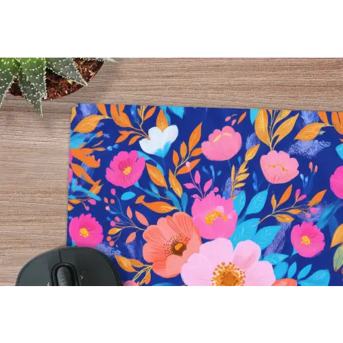Bloemen - Blauw - Roze muismat rubber klein -closeup