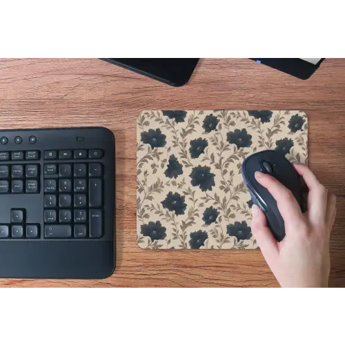 Motief - Bloemen - Zwart - Beige muismat rubber klein 262 -toetsenbord