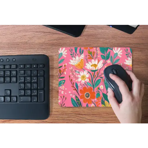 Roze - Bloemen - Wit - Oranje muismat rubber klein -toetsenbord