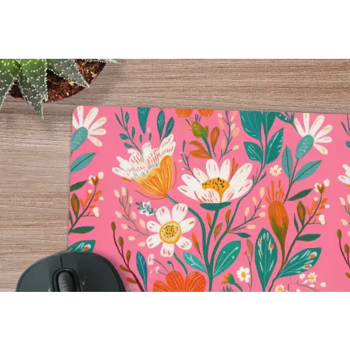Roze - Bloemen - Wit - Oranje muismat rubber klein -closeup