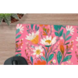 Roze - Bloemen - Wit - Oranje muismat rubber klein -closeup