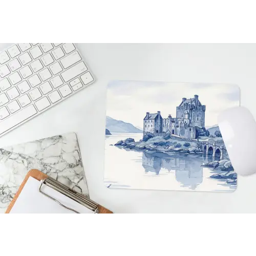 Schots - Kasteel - Blauw - Aquarel muismat rubber klein -witbureau