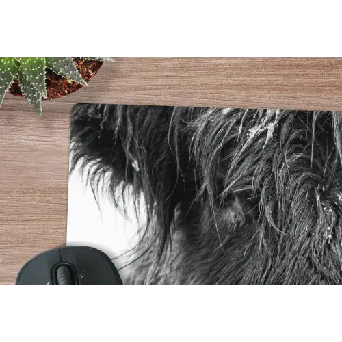 Schotse hooglander - Zwart - Wit - Sneeuwvlokken muismat rubber klein -closeup