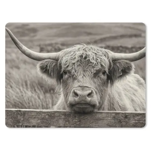 Schotse hooglander - Zwart - Wit - Hout muismat rubber klein -3d