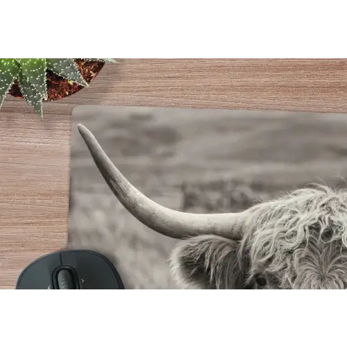 Schotse hooglander - Zwart - Wit - Hout muismat rubber klein -closeup