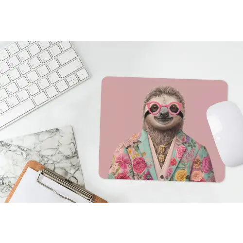 Luiaard - Bloemenprint - Bril - Roze muismat rubber klein -witbureau