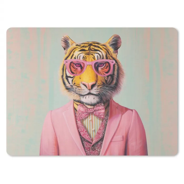 Tijger - Strik - Jasje - Roze muismat rubber klein -3d