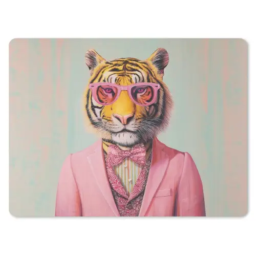 Tijger - Strik - Jasje - Roze muismat rubber klein -3d