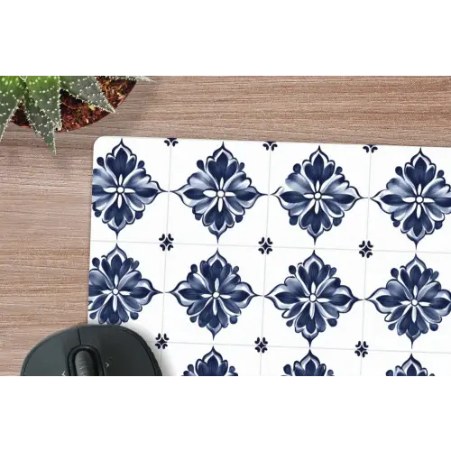 Tegelmotief - Blauw - Wit - Bloem muismat rubber klein 262 -closeup