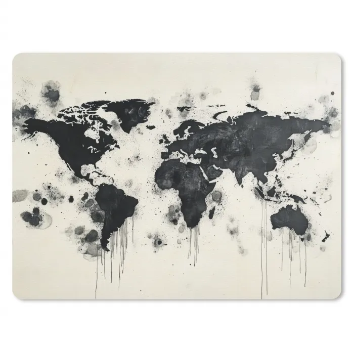 Wereldkaart - Zwart - Inkt muismat rubber klein -3d