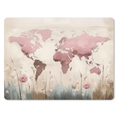 Wereldkaart - Roze - Bloemen muismat rubber klein -3d