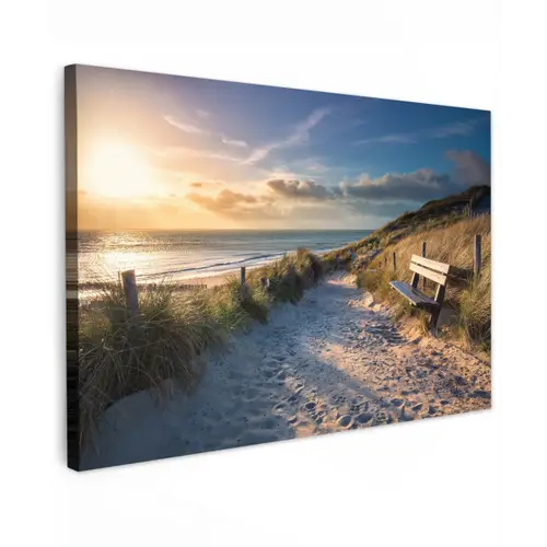 Strandpad met Bankje bij Zonsondergang Tuinposter op houten frame 2 cm dik klein -3d