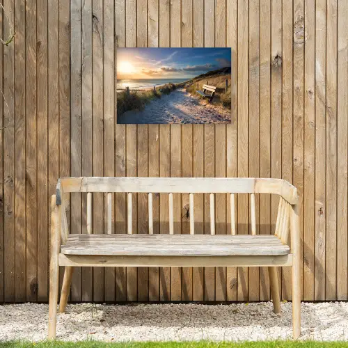 Strandpad met Bankje bij Zonsondergang Tuinposter op houten frame 2 cm dik klein -sfeer4