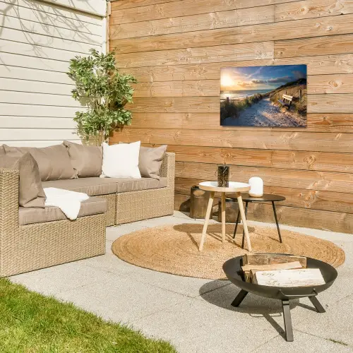 Strandpad met Bankje bij Zonsondergang Tuinposter op houten frame 2 cm dik klein -sfeer2