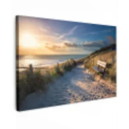 Strandpad met Bankje bij Zonsondergang Tuinposter op houten frame 2 cm dik klein -3d