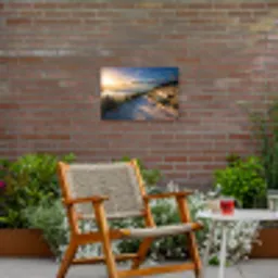 Strandpad met Bankje bij Zonsondergang Tuinposter op houten frame 2 cm dik klein -sfeer3