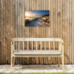 Strandpad met Bankje bij Zonsondergang Tuinposter op houten frame 2 cm dik klein -sfeer4