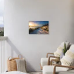 Strandpad met Bankje bij Zonsondergang Tuinposter op houten frame 2 cm dik klein -sfeer1