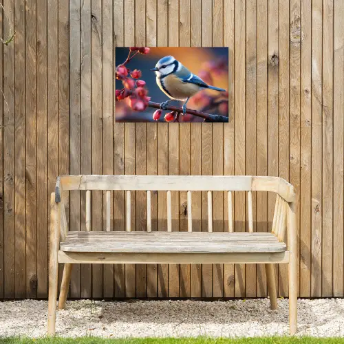 Pimpelmees bij Bloesems Tuinposter op houten frame 2 cm dik klein -sfeer4