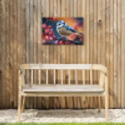 Pimpelmees bij Bloesems Tuinposter op houten frame 2 cm dik klein -sfeer4