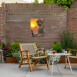 Boeddha bij zonsondergang Tuinposter op houten frame 2 cm dik klein -sfeer3
