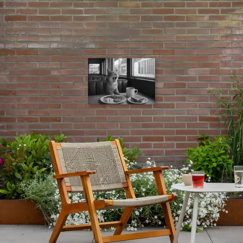 Kat - Koffie - Brood - Zwart Tuinposter op houten frame 2 cm dik klein -sfeer3