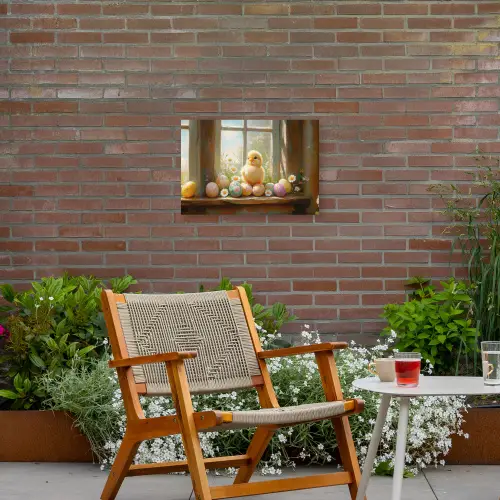 Kuiken - Raam - Paaseieren Tuinposter op houten frame 2 cm dik klein -sfeer3