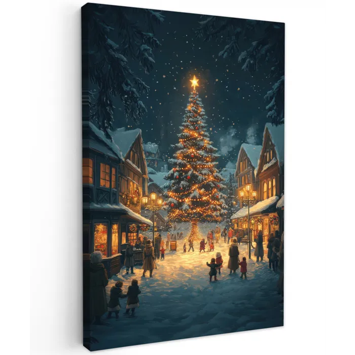 Kerstfeest - Dorp - Donker Tuinposter op houten frame 2 cm dik klein -3d
