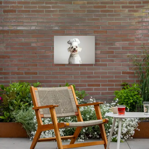 Hond - Wit - Kok Tuinposter op houten frame 2 cm dik klein -sfeer3