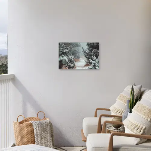 Bos - Winter - Bomen - Natuur - Pad - Sneeuw Tuinposter op houten frame 2 cm dik klein -sfeer1