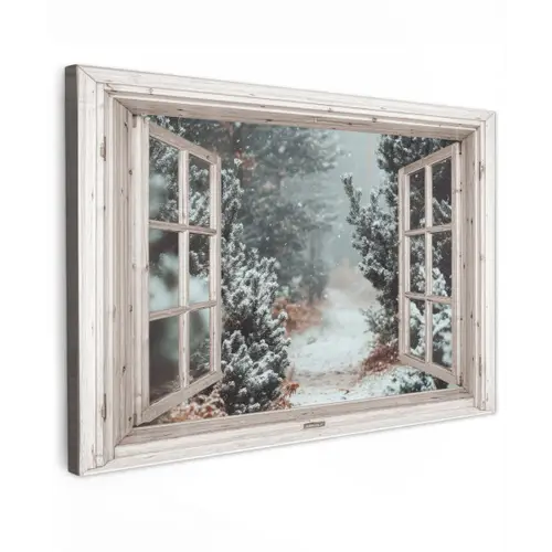 Bos - Winter - Bomen - Natuur - Pad - Doorkijk - Wit Tuinposter op houten frame 2 cm dik klein -3d