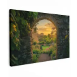 Poort - Planten - Zonsondergang Tuinposter op houten frame 2 cm dik klein -3d