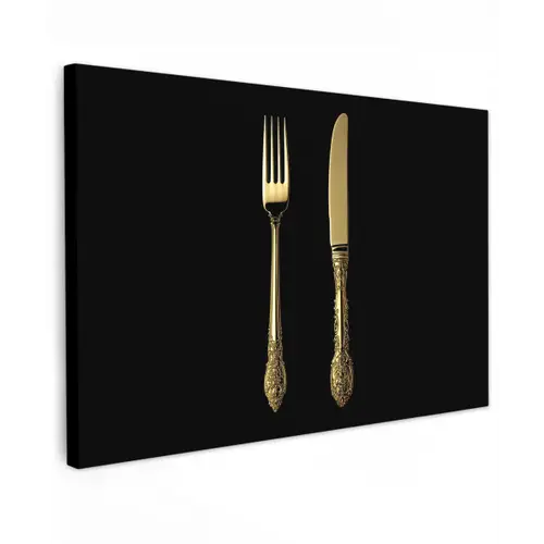 Goud - Vork - Mes Tuinposter op houten frame 2 cm dik klein -3d