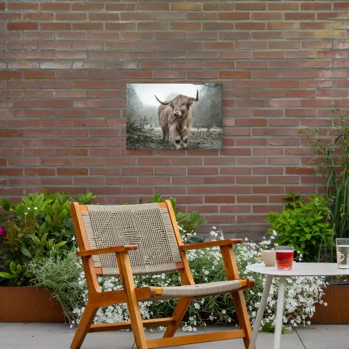 Hooglander in de Mist Tuinposter op houten frame 2 cm dik klein -sfeer3