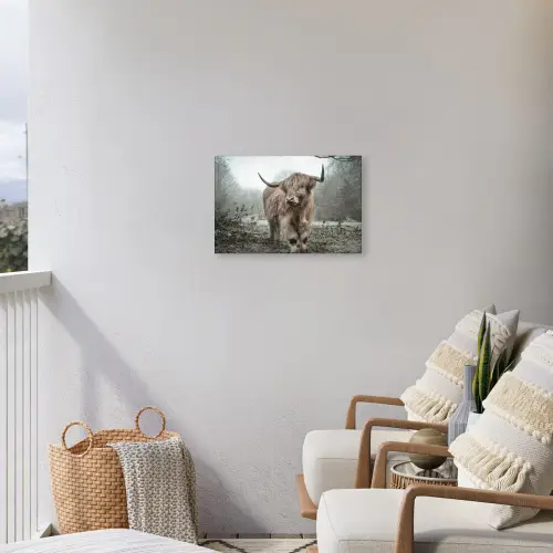 Hooglander in de Mist Tuinposter op houten frame 2 cm dik klein -sfeer1