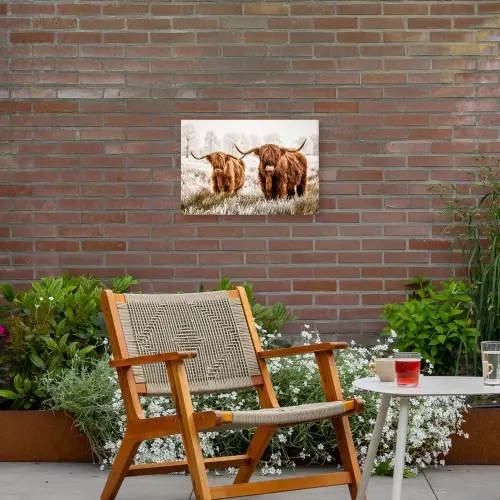 Hooglanders in de Winter Tuinposter op houten frame 2 cm dik klein -sfeer3