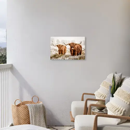 Hooglanders in de Winter Tuinposter op houten frame 2 cm dik klein -sfeer1